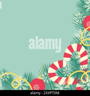 Festive corner frame with pine twigs, candy canes heart shaped, snowflakes and New Year toys on rope Copy space. Inscriptions, cards, posters, banners, label or web promo Vector illustration Template Stock Vector