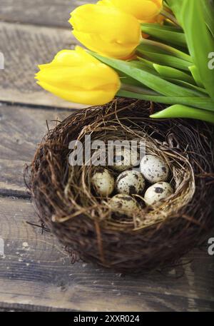 Pastel flowers, colorful Easter eggs in basket on the wooden table Stock Photo