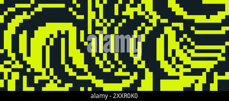 Pixelated curved wavy texture. Yellow and black dithered bent lines background. Digitalized warped stripes for banner, poster, flyer, brochure, booklet. Vector rasterized squiggle overlay wallpaper Stock Vector