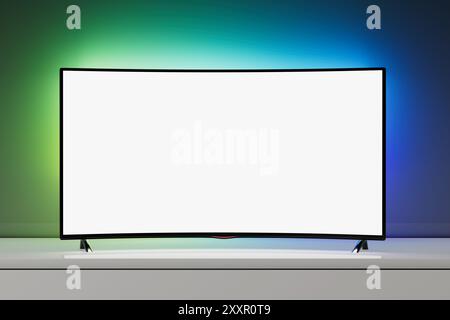 Modern Curved Led or LCD TV Screen with Ambient Color Backlight Strips extreme closeup. 3d Rendering Stock Photo
