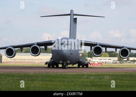 177705, a Boeing CC-177A Globemaster operated by the Royal Canadian Air Force, arriving at RAF Fairford in Gloucestershire, England to participate in the Royal International Air Tattoo 2024 (RIAT24). Stock Photo