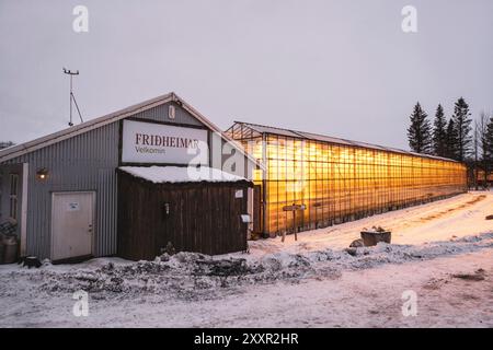 Greenhouse at Fridheimar, an Icelandic restaurant on the Golden Circle specializing in tomato-based dishes and tomato beer Stock Photo