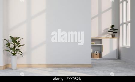 The interior design of a minimalist white empty room or home hallway features an empty white wall, houseplants, window, and a cabinet. 3d render, 3d i Stock Photo