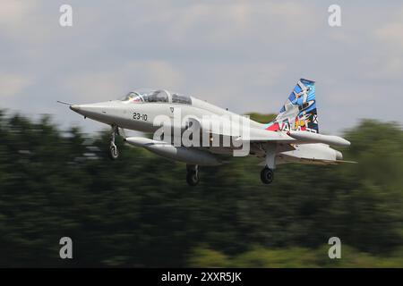 AE.9-17/23-10, a Northrop SF-5M Freedom Fighter operated by the Spanish Air and Space Force, arriving at RAF Fairford in Gloucestershire, England to participate in the Royal International Air Tattoo 2024 (RIAT24). Stock Photo