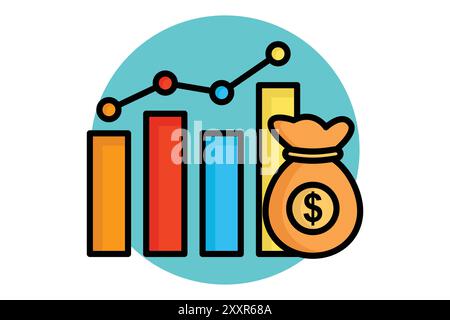 Cost colored outline icon. chart with money bag. icon related to business. productivity elements vector illustration Stock Vector