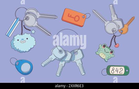 Keychains set with trinkets isolated on background. Contemporary vector cartoon illustration of keys with keyring and cloud, frog shape pendants, room number, magnet lock , real estate accessory Stock Vector