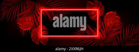 Summer beach night party dark banner template with tropical leaves and rectangular neon glowing frame with empty copy space. Palm tree and monstera foliage with red fluorescent rectangle border. Stock Vector