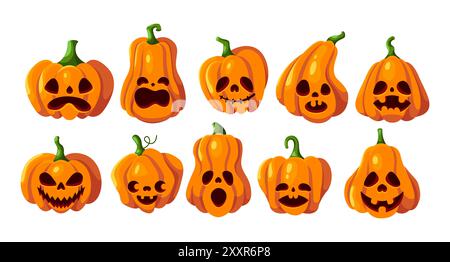 Evil Halloween pumpkins objects flat color vector icon set. Traditional spooky autumn holiday decor illustration pack on white background Stock Vector