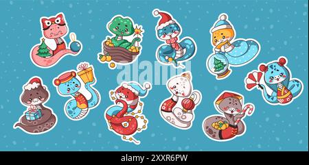 Kawaii snakes celebrating Chinese New Year flat vector illustration sticker pack. Horoscope symbolic animals colorful icons on blue background Stock Vector