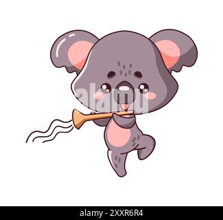 Kawaii panda playing harmonica flat color vector illustration. Cute wild animal brings melody to life during performance on white background Stock Vector