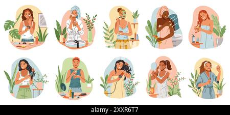 Young women taking time for self care at home flat color vector icon set. Pampering and spa treatment procedures after shower illustration pack on whi Stock Vector