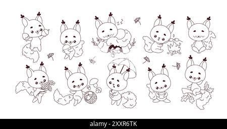 Line cartoon illustrations with squirrels in range of scenarios. Kawaii wild rodents n various activities presented on white background Stock Vector