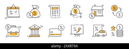 Loan interest rate doodle icon set. Hand drawn sketch doodle line style bank money loan interest rate icon for house, car discount percentage concept. Trendy cute element. Vector illustration Stock Vector