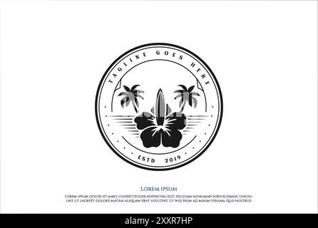 Hipster Retro Vintage Hawaii Hawaiian Hibiscus Flower with Surf Board Palm Tree Logo Design Vector Stock Vector