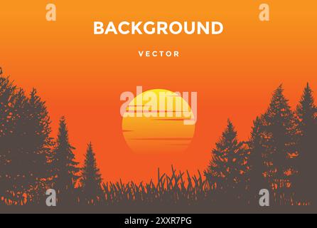 Mountain Sunrise Sunset Landscape with Pine Cedar Spruce Conifer Fir Evergreen Hemlock Larch Cypress Trees Forest and Lake River Creek , Morning Panor Stock Vector