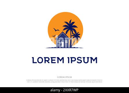 Sunset Palm House Cabin Cottage Resort Hotel Inn Real Estate Summer Travel Logo Design Vector Stock Vector