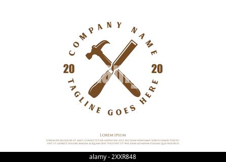Rustic Crossed Hammer and Chisel for Carpenter or Woodworking Logo Design Vector Stock Vector