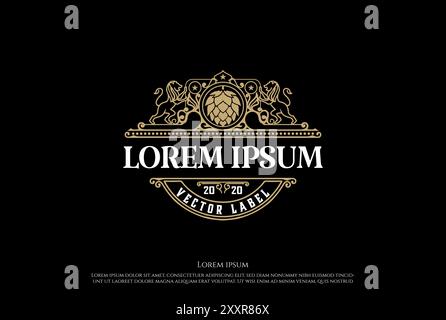 Vintage Luxury Hop Lion Crest for Craft Beer Brewing Brewery Logo Design Vector Stock Vector