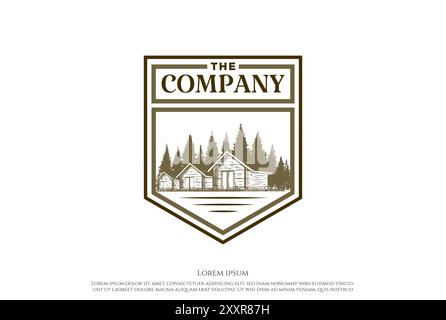 Vintage Retro Pine Fir Forest Cabin Cottage Chalet Badge Emblem Logo Design Vector Stock Vector