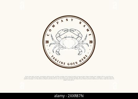 Retro Vintage Circular Crab for Seafood Restaurant or Product Label Logo Design Vector Stock Vector