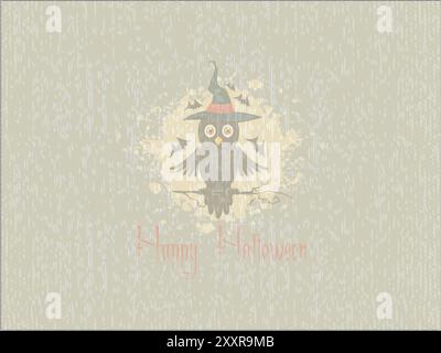 A black owl with a hat and bats on its head. The owl is sitting on a branch and the background is a greyish color. The owl is surrounded by bats and t Stock Vector