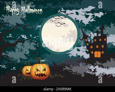 A Halloween themed poster with a moon and two pumpkins. The poster is dark and moody, with a castle in the background. The overall feeling of the post Stock Vector