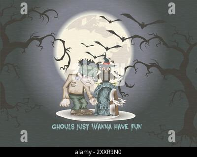 A Halloween themed poster with a man and an owl on it. The poster says "Ghouls just wanna have fun" Stock Vector
