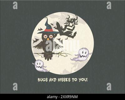 A Halloween themed image of a witch with a black hat and a black owl on a branch. The owl is holding a stick and there are two ghosts in the backgroun Stock Vector