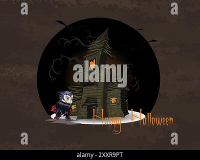 A vampire is standing in front of a creepy old house with bats flying around it. The house is surrounded by trees and the sky is dark Stock Vector