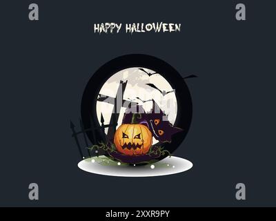 A cat is sitting on a pumpkin in front of a cross. The cat is looking at the camera. The pumpkin is surrounded by vines. The image is a Halloween deco Stock Vector