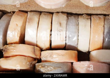 A delightful selection of assorted natural soap bars, featuring vibrant colors and diverse textures Stock Photo