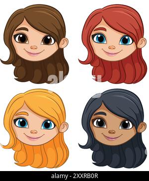 Four smiling cartoon faces with different hair colors Stock Vector