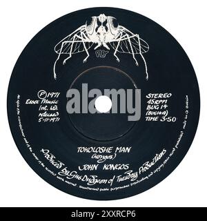 45 RPM 7' UK record label of Tokoloshe Man by John Kongos on the Fly label from November 1971. Written by John Kongos. Produced by Gus Dudgeon. Stock Photo