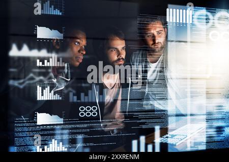 People, data and night with computer on overlay for future development, analytics or statistics at office. Group of young developers working late on Stock Photo
