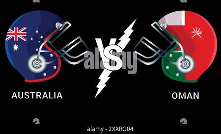 Australia Vs Oman 3D  Illustration vector flags over cricket Helmet  for Versus Match with Black Background Stock Vector