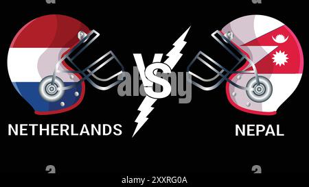 Netherlands Vs Nepal 3D  Illustration vector flags over cricket Helmet  for Versus Match with Black Background Stock Vector