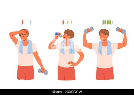 Exhausted athlete drinks energy drink and lifts heavy dumbbells, thanks to effectiveness of taurine Stock Vector