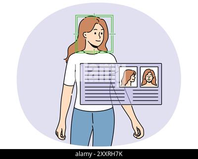 Questionnaire near woman with circled face symbolizes facial recognition using video surveillance with artificial intelligence. Technology of tracking people through video surveillance system with AI Stock Vector