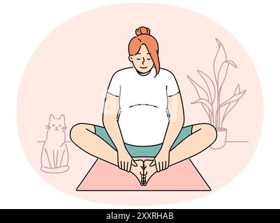 Pregnant woman making morning exercises sitting on fitness mats and getting ready for meditative practices from yoga. Pregnant girl is at home and stretches doing yoga for expectant mothers Stock Vector