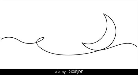 One continuous single line of Crescent moon for ramadhan isolated on white background, Moon sign line continuous drawing vector. One line Moon vector Stock Vector