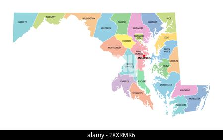 Maryland, U.S. state, colored political map with county names and capital Annapolis. State in the New England region of Northeastern USA. Stock Photo