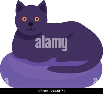 Black cat with bright orange eyes lying comfortably on a purple pillow Stock Vector