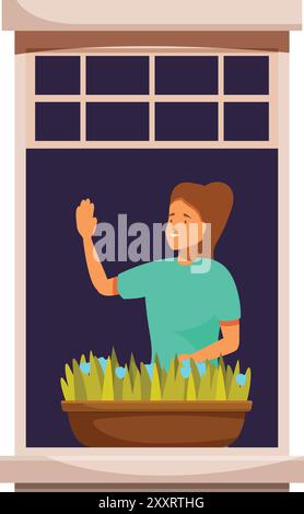Happy young woman is greeting her neighbour from her window with a flower box on the windowsill Stock Vector