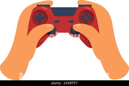Hands are on a red and black video game controller, playing a video game Stock Vector