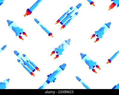 Pixel spaceships seamless pattern. Space rockets in 8-bit retro graphic style of the 80s. Spaceships in pixel art style. Design for banners, app and p Stock Vector