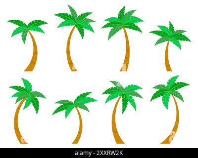 Palm trees icon set isolated on white background. Collection of tropical palm trees with green foliage. Tropical trees vector illustration. Design for Stock Vector