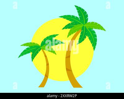 Two palm trees against the sun. Tropical palm trees with green foliage and sun on a blue background. Summer time. Design for advertising brochures, ba Stock Vector