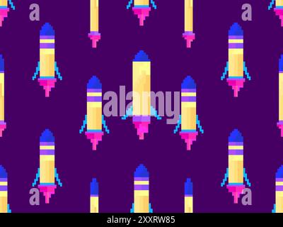 Pixel spaceships seamless pattern. Space rockets in 8-bit retro graphic style of the 80s. Spaceships in pixel art style. Design for banners, app and p Stock Vector