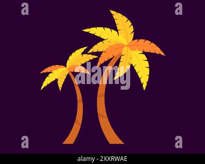 Two palm trees on black background. Yellow palm leaves and brown tree trunks. Design for advertising brochures, banners, posters, travel agencies. Vec Stock Vector
