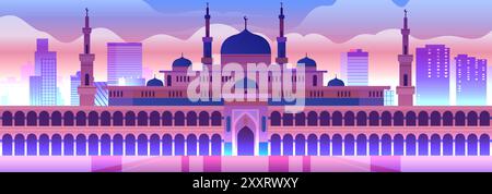 Modern city skyline mosque minarets domes sunset gradient background urban architecture religious building landscape Stock Vector
